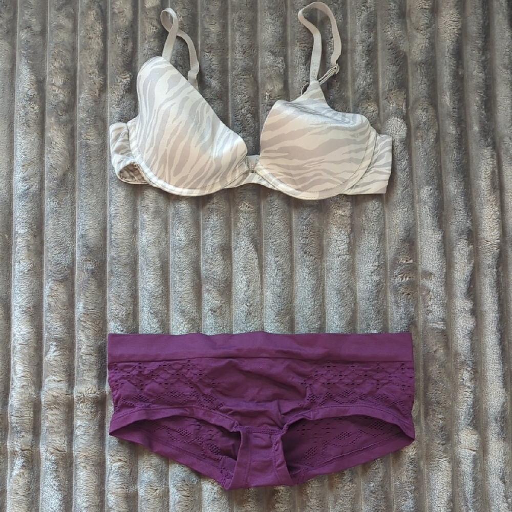 Victoria's Secret Zebra Print Bra and Purple Nylon Panty Set